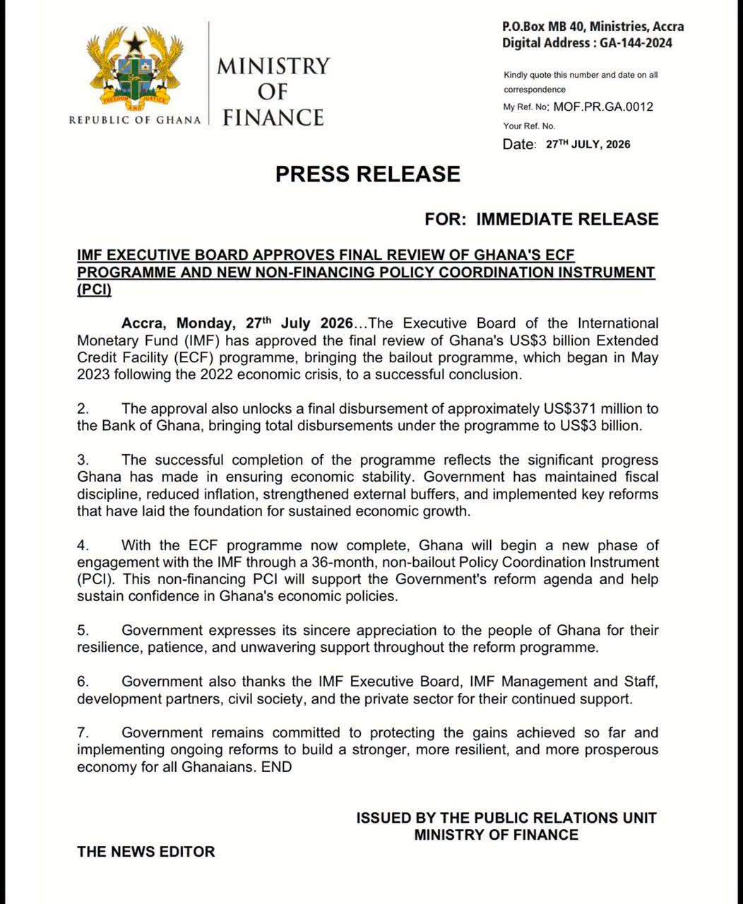 The Release from MoF
