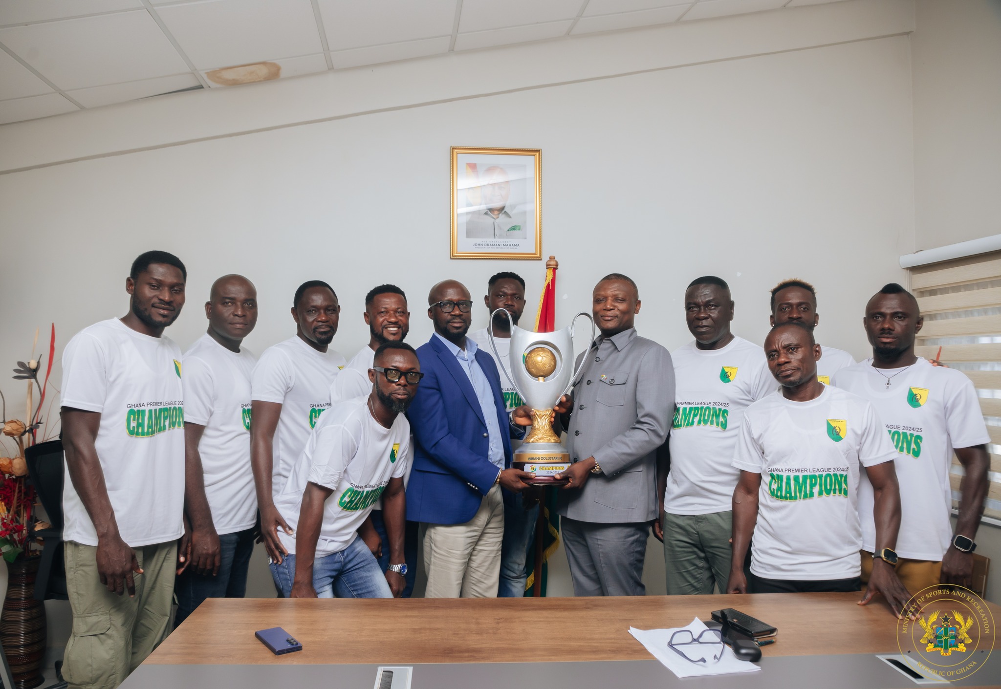 League Champions Bibiani Gold Stars present Ghana Premier League Trophy to Kofi Adams