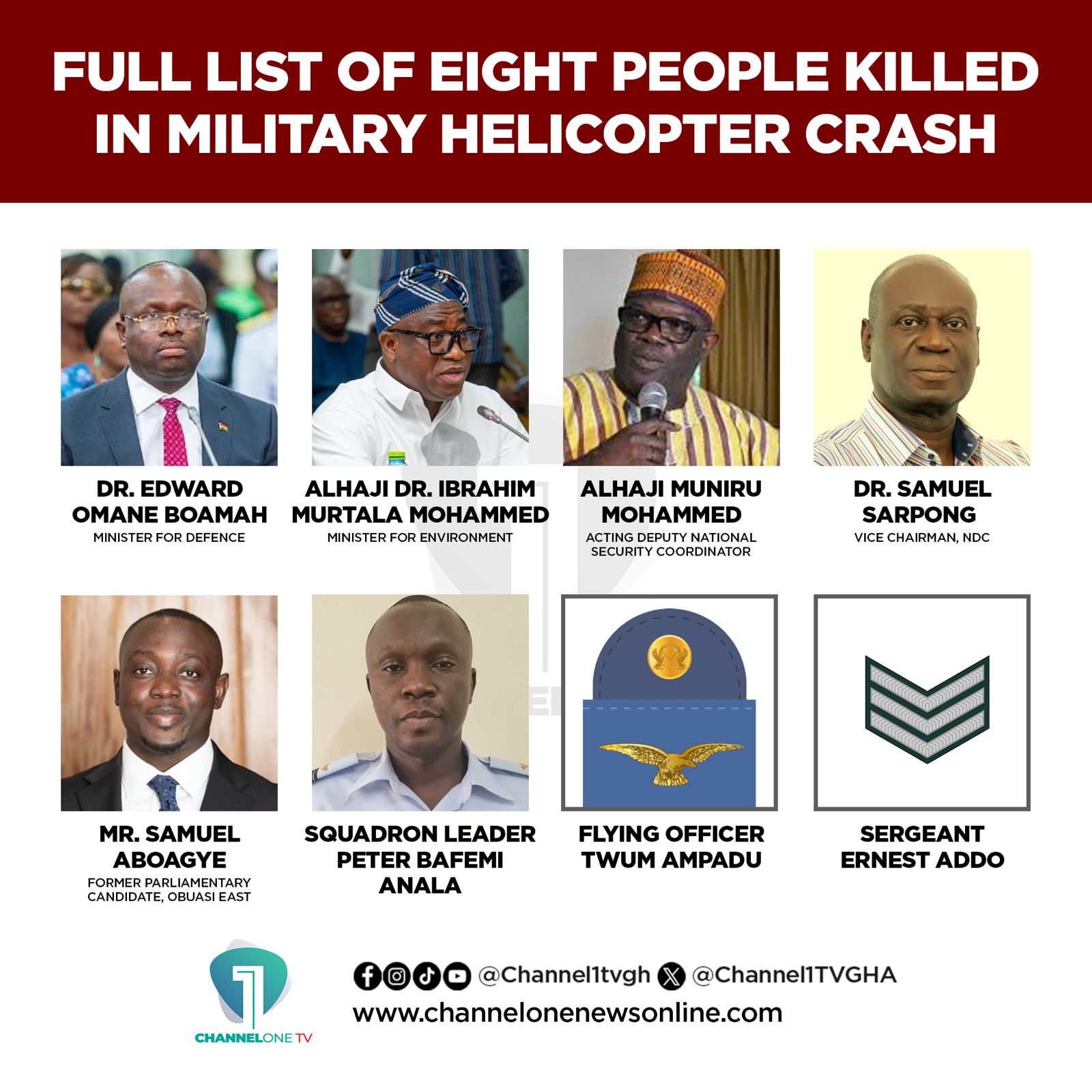 Black Wednesday: Full List of 8 Killed in Military Helicopter Crash in Ghana
