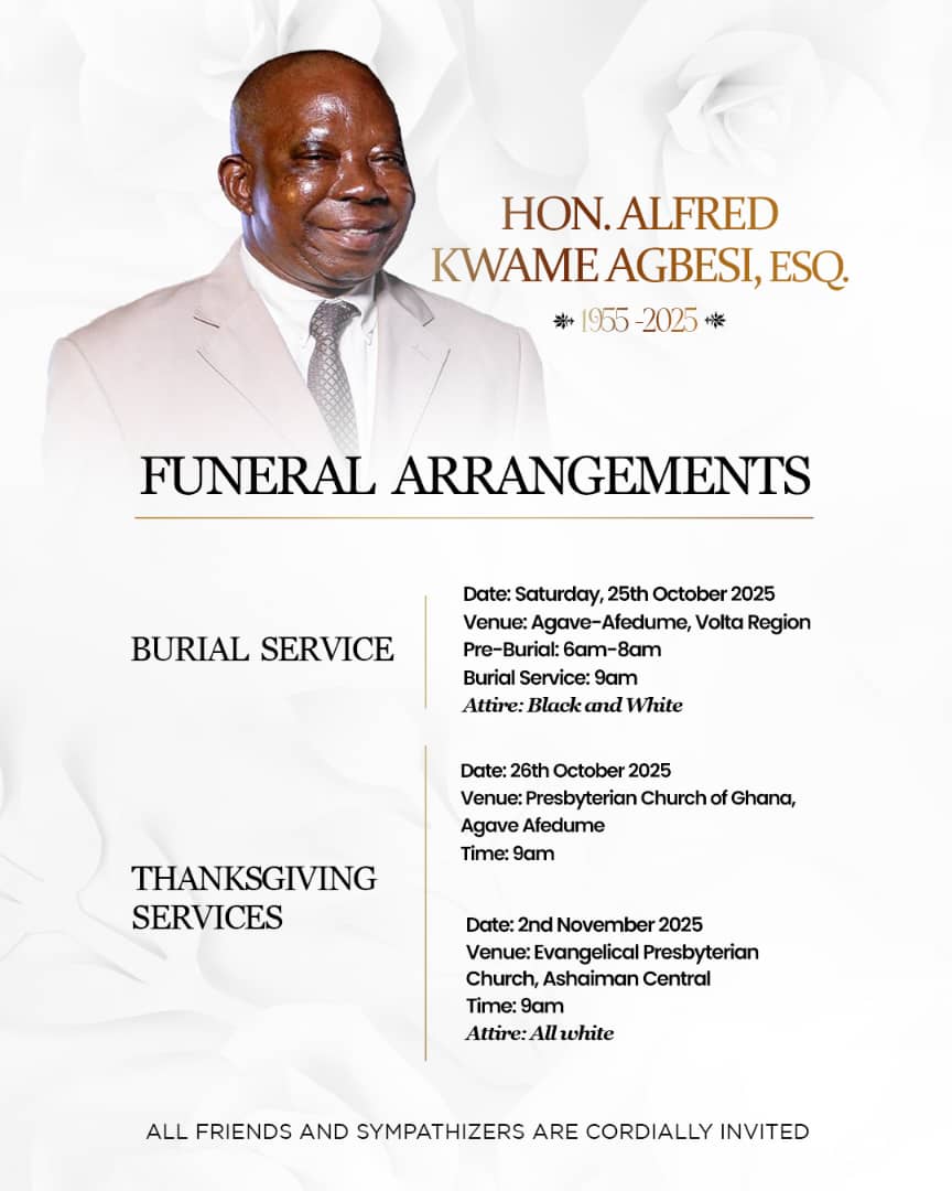 Former MP for Ashaiman, Lawyer Alfred Kwame Agbesi goes home this weekend