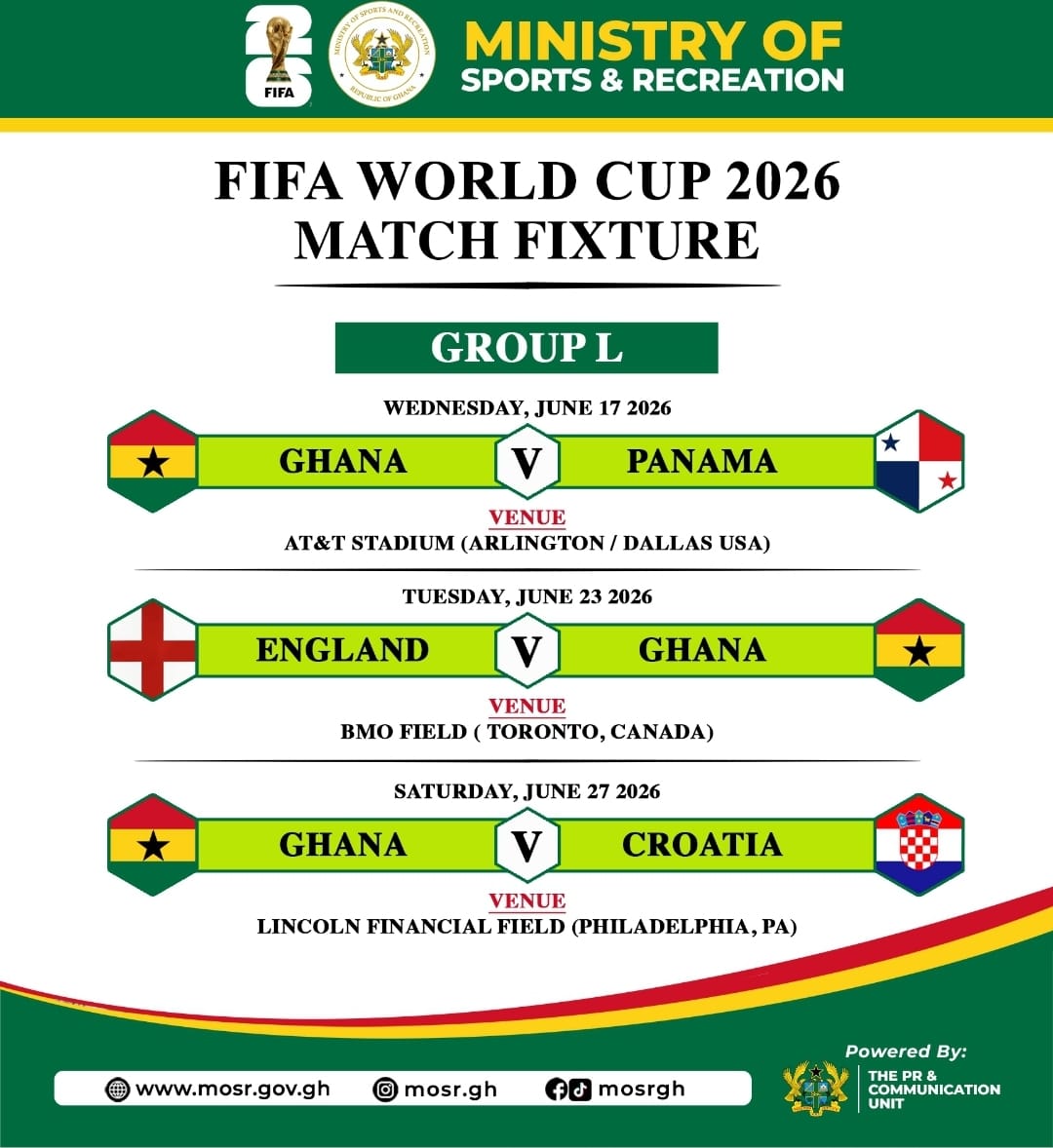 Ghana faces England, Croatia, and Panama at 2026 World Cup
